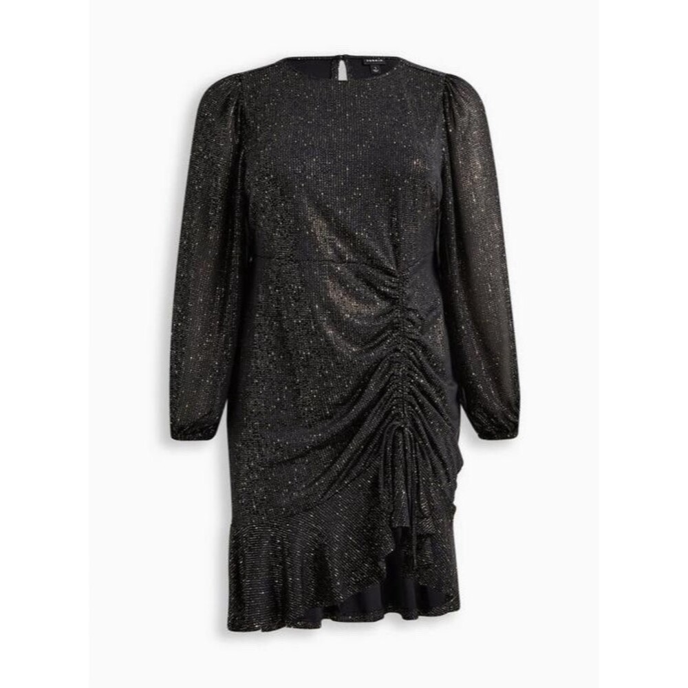 TORRID 5X(28) Black Gold Fit & Flare Mini Studio Knit Ruched Dress Crew Neck